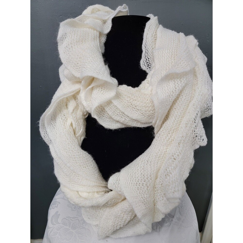 Ivory Ruffle Infinity Scarf With A Crocheted Look
